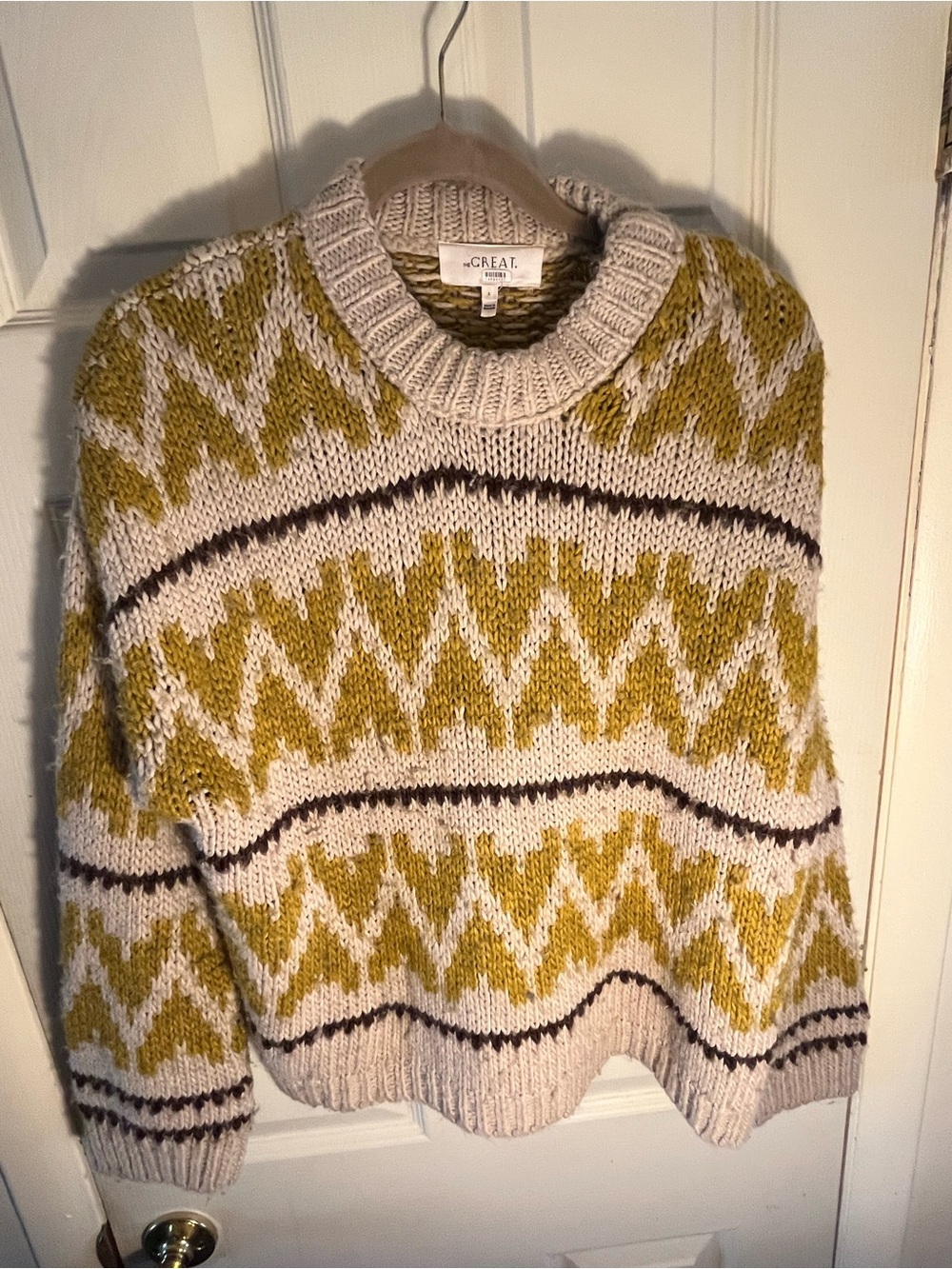 Women "The Great" tan mustard yellow, brown folk pullover knit sweater. Size 2 - Picture 6 of 8